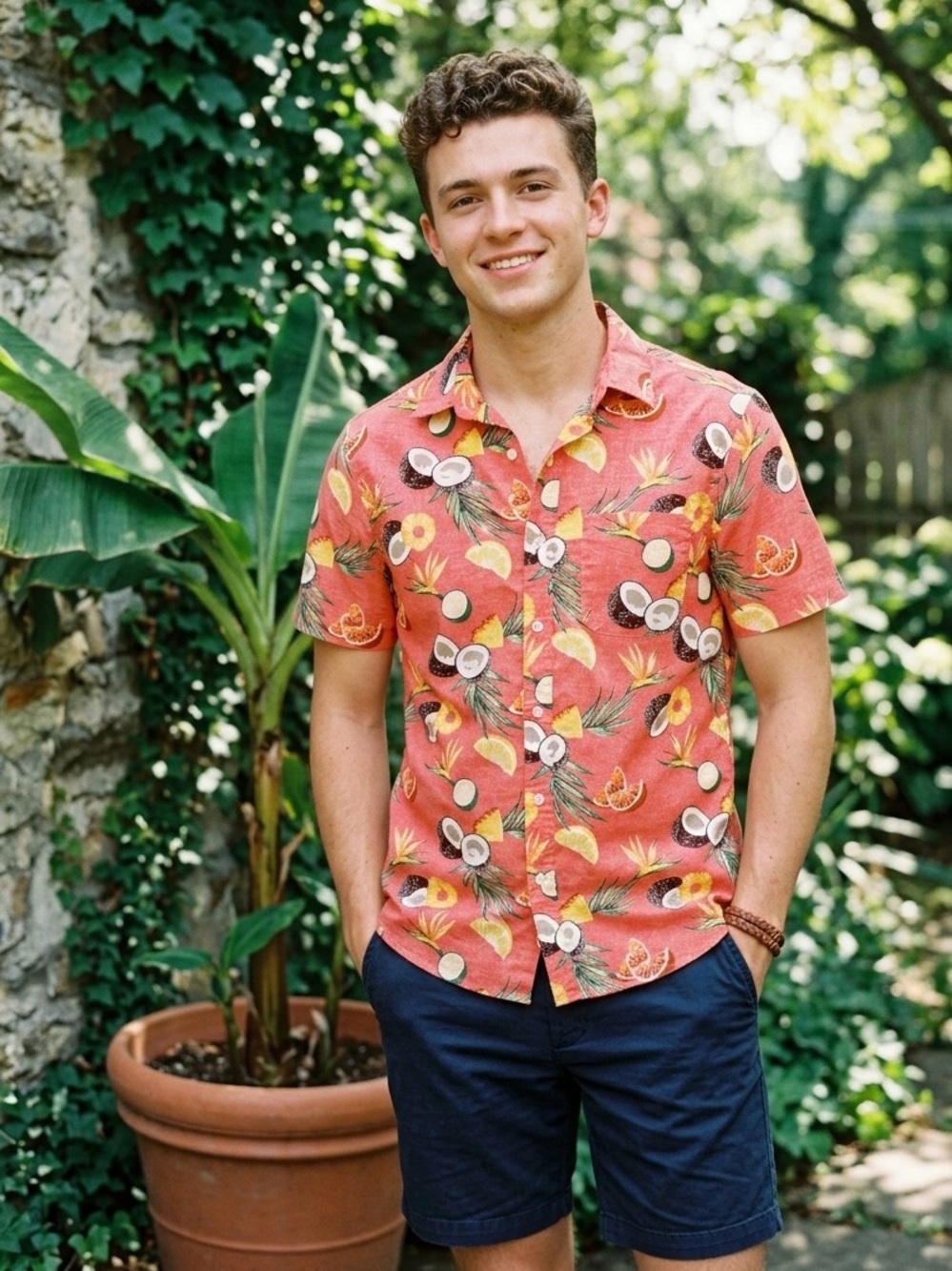 Old Navy Tropical Fruit Button Up Shirt Built In Flex Mens Size Small